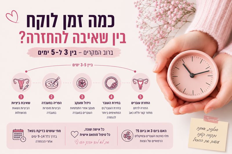 אינפוגרפיקה המסבירה כמה זמן יש בין שאיבת ביציות להחזרת עוברים בטיפולי IVF